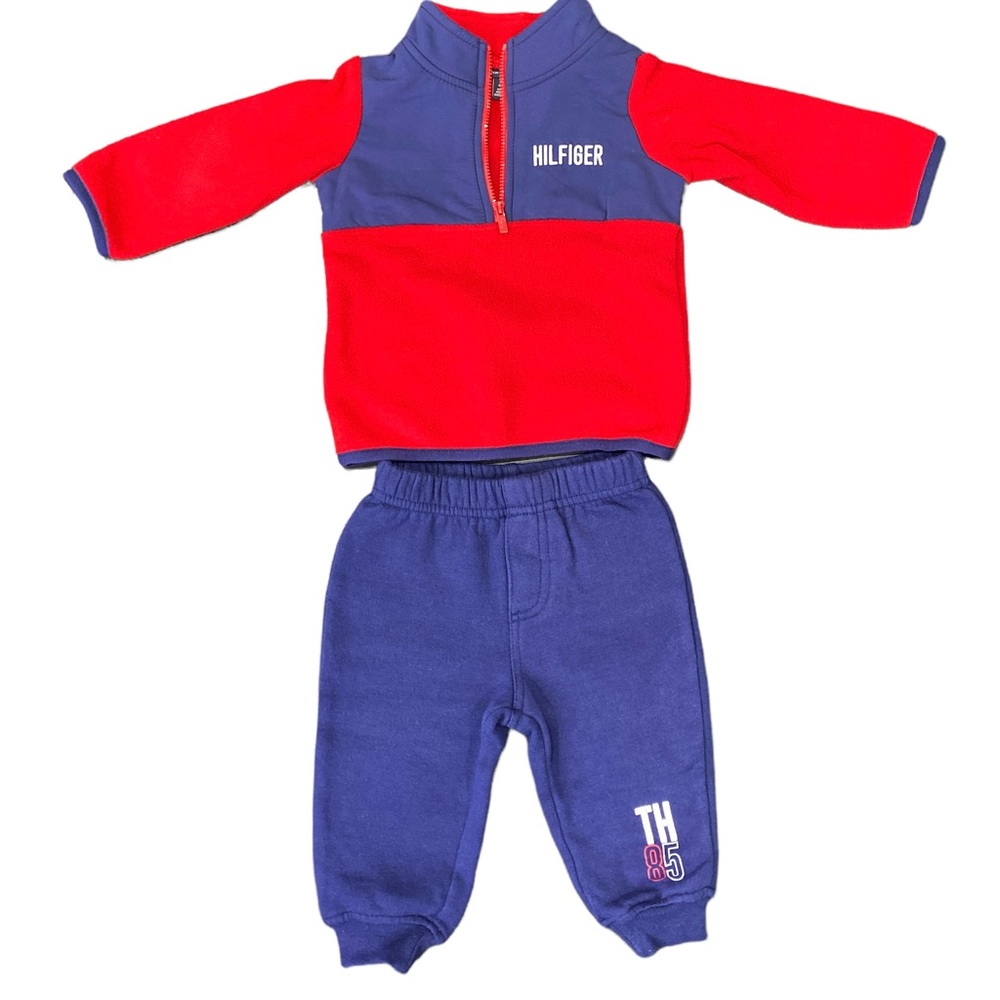 TOMMY HILFIGER 6-9M Baby Red Navy Blue Fleece Pullover Sweatpants 2 Pc S…